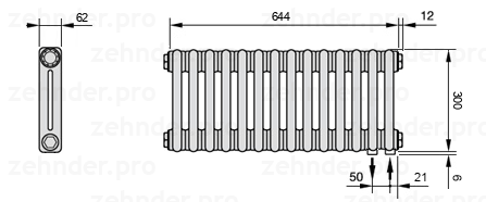 Схема (чертеж) Радиатор Zehnder Charleston 2030/14 №5510 Белый глянцевый RAL 9016